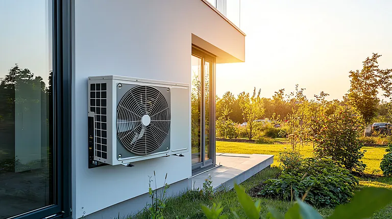 Die Außeneinheit einer Klimaanlage, angebracht an der Außenwand eines modernen Hauses, im Rahmen unserer Kälte- und Klimatechnik-Leistungen.